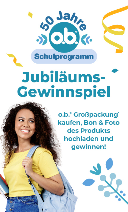 Jubiläumsgewinnspiel: o.b. Großpackung kaufen, Kassenbon und Foto des Produkts hochladen und gewinnen!