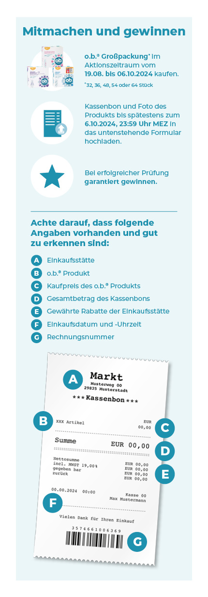 o.b. Großpackung im Aktionszeitraum kaufen, Kassenbon und Produktfoto hochladen, bei erfolgreicher Prüfung garantiert gewinnen.